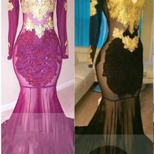 Appliqued Illusion Prom Dress With High Collar