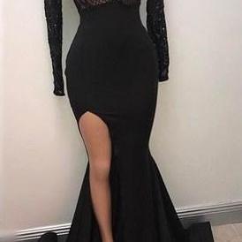 Black Prom Dress Plunging Neck Long Sleeves..