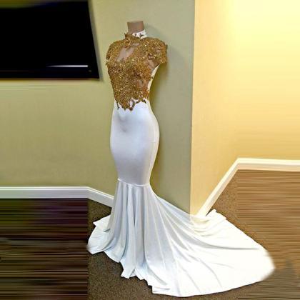 Cap Sleeves White Satin Mermaid Prom Dress With..