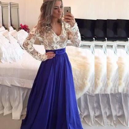 Prom Dress Long Sleeves Lace Bodice Royal Blue..