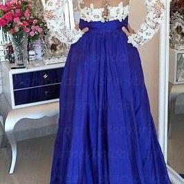 Prom Dress Long Sleeves Lace Bodice Royal Blue..