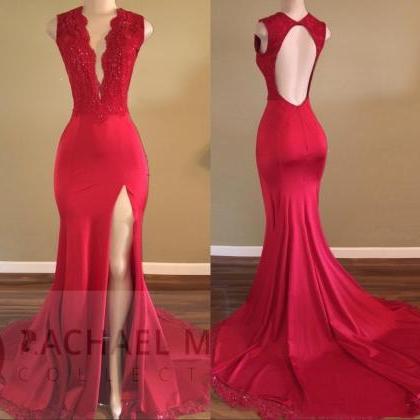 Pluning Neck Fit And Flare Prom Dress With Split