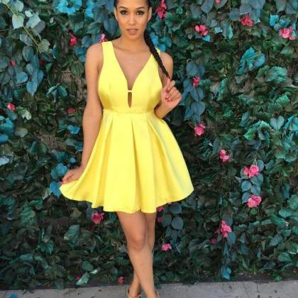 Yellow Short Dress With V Back