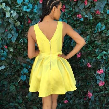 Yellow Short Dress With V Back