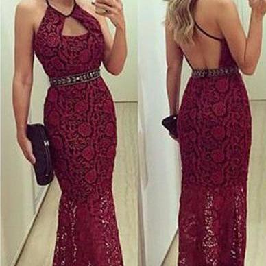 Dark Red Lace Evening Dress With Keyhole Neck on Luulla