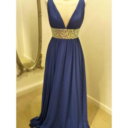 V Neck Royal Blue Long Chiffon Evening Dress With..