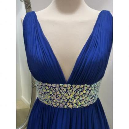 Long Sleeves Chiffon Dress with V-neck Royal Blue