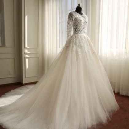 Long Sleeves Ivory Tulle Wedding Dress With Sheer..