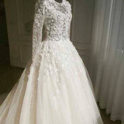 Long Sleeves Ivory Tulle Wedding Dress With Sheer..