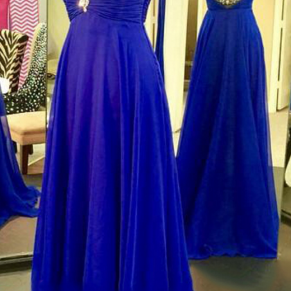 Illsuion Neck Long Chiffon Royal Blue Prom Dress..