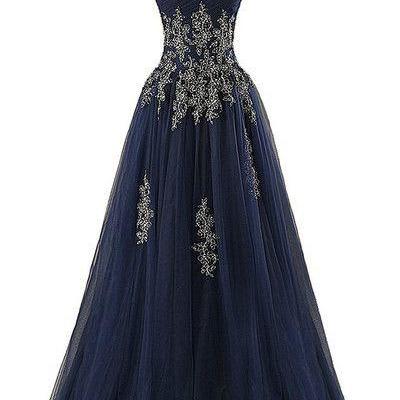 Strapless Navy Prom Dress With Appliques