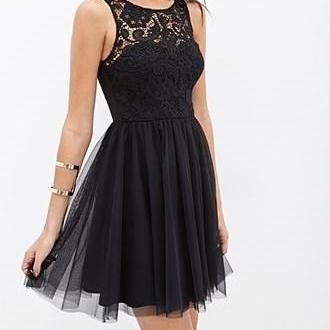 Illusion Neck Short Little Black Dress