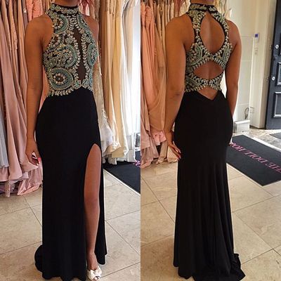 Open Back High Neck Beaded Prom Dress With Side..