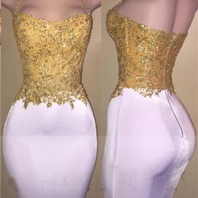 Fitted Tea Length Prom Dress With Gold Appliques
