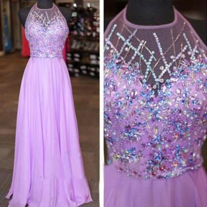 Bow Tie Halter Lilac Beading Applique Tulle Prom Dress with Slit