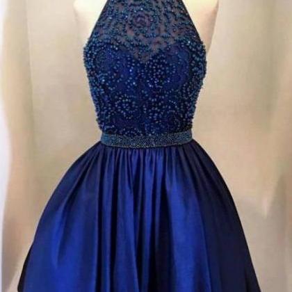 Navy Blue Halter Short Dress With Beads