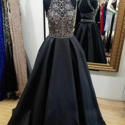 Black High Neck Lace Beads Long Prom Dress