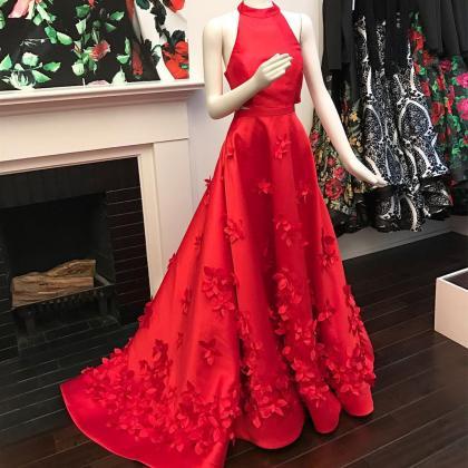 Halter Low Back Red Prom Dress With Petals