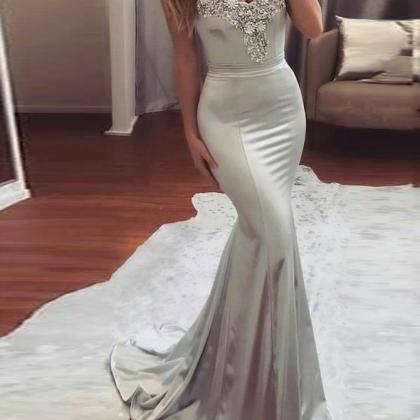 Sleeveless Silver Long Mermaid Prom Dress With..