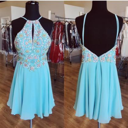 Open Back Short Light Blue Homecoming Dress With..