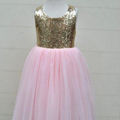 Pink Skirt Flower Girl Dress With Gold Sequin..