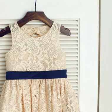 Champagne Lace Flower Girl Dress With Navy Bow..