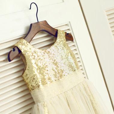 Gold Sequin Toddler Girl Dress With Tulle Overlay