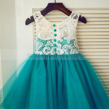 Peacock Blue Flower Girl Dress With Ivory Lace..
