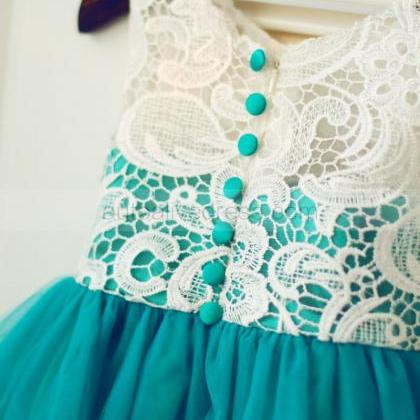 Peacock Blue Flower Girl Dress With Ivory Lace..
