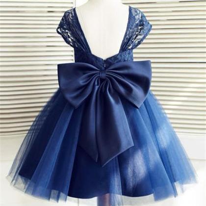 Cap Sleeves Navy Blue Flower Girl Dress With Bow