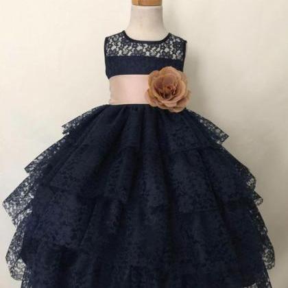 Tiered Navy Lace Flower Girl Dress With Wide..