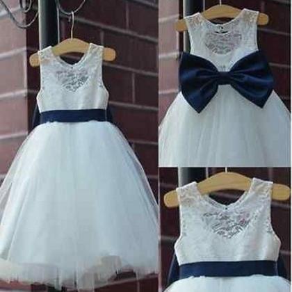Ivory Flower Girl Dress With Navy Back Bow