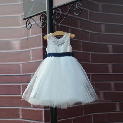 Ivory Flower Girl Dress With Navy Back Bow