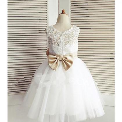 Sheer Lace Neck Ivory Flower Girl Dress With..