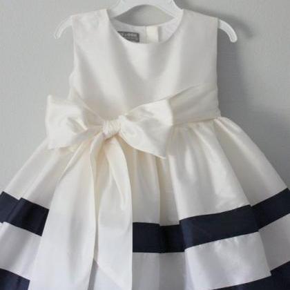 White Taffeta Girl Dress With Navy Stripped Skirt