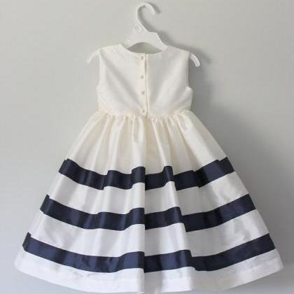 White Taffeta Girl Dress With Navy Stripped Skirt