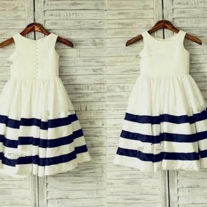 Ivory Girl Dress With Navy Stripped Skirt