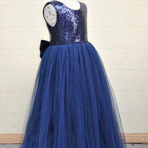 Long Navy Girl Pageant Dress With Back Bow