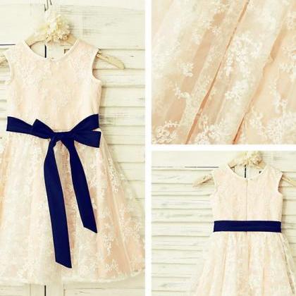Champagne Flower Girl Dress With Navy Sash