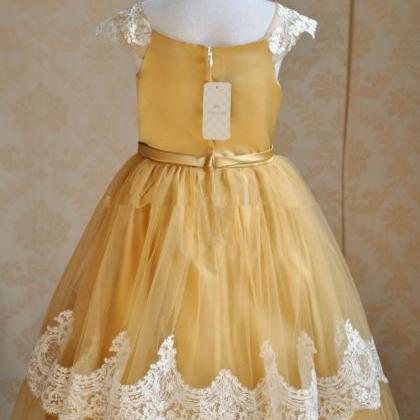 Cap Sleeves Gold Flower Girl Dress With Ivory Lace..