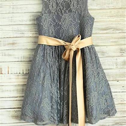 Grey Lace Flower Girl Dress With Champagne Sash