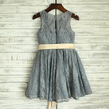 Grey Lace Flower Girl Dress With Champagne Sash