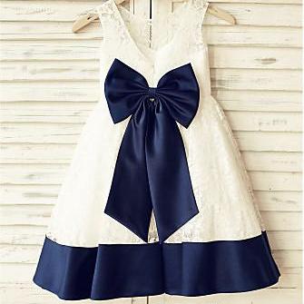 Ivory Lace Flower Girl Dress With Navy Trim
