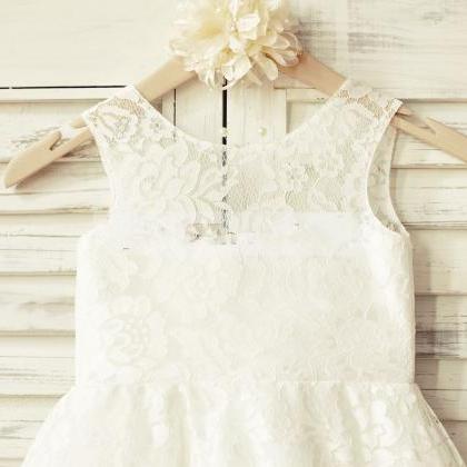 Ivory Lace Flower Girl Dress With Navy Trim