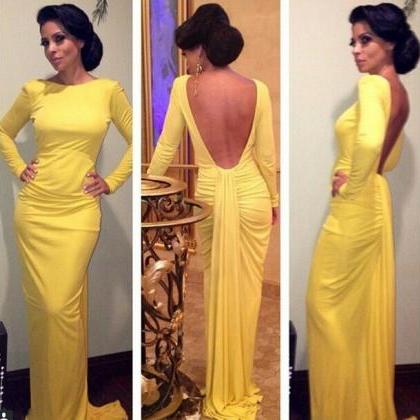 Long Sleeves Strechy Yellow Prom Dress With Open..