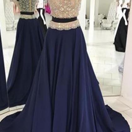 Navy 2 Pieces Prom Dress With Beads