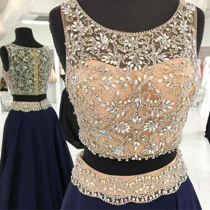 Navy 2 Pieces Prom Dress With Beads