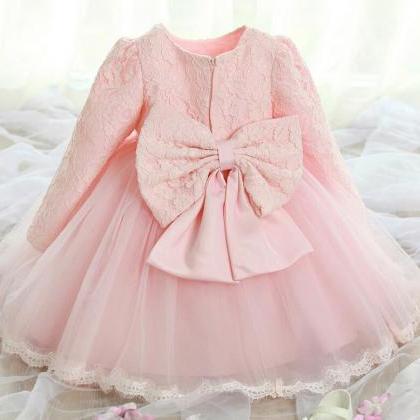 Pink Lace Tulle Flower Girl Dress With Long..