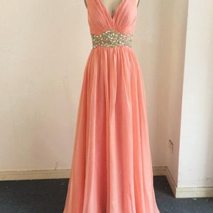 V Neck Long Chiffon Prom Dress With Beaded Waist on Luulla