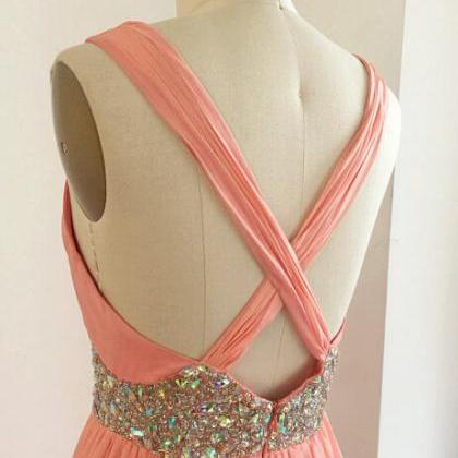 V Neck Long Chiffon Prom Dress With Beaded Waist on Luulla